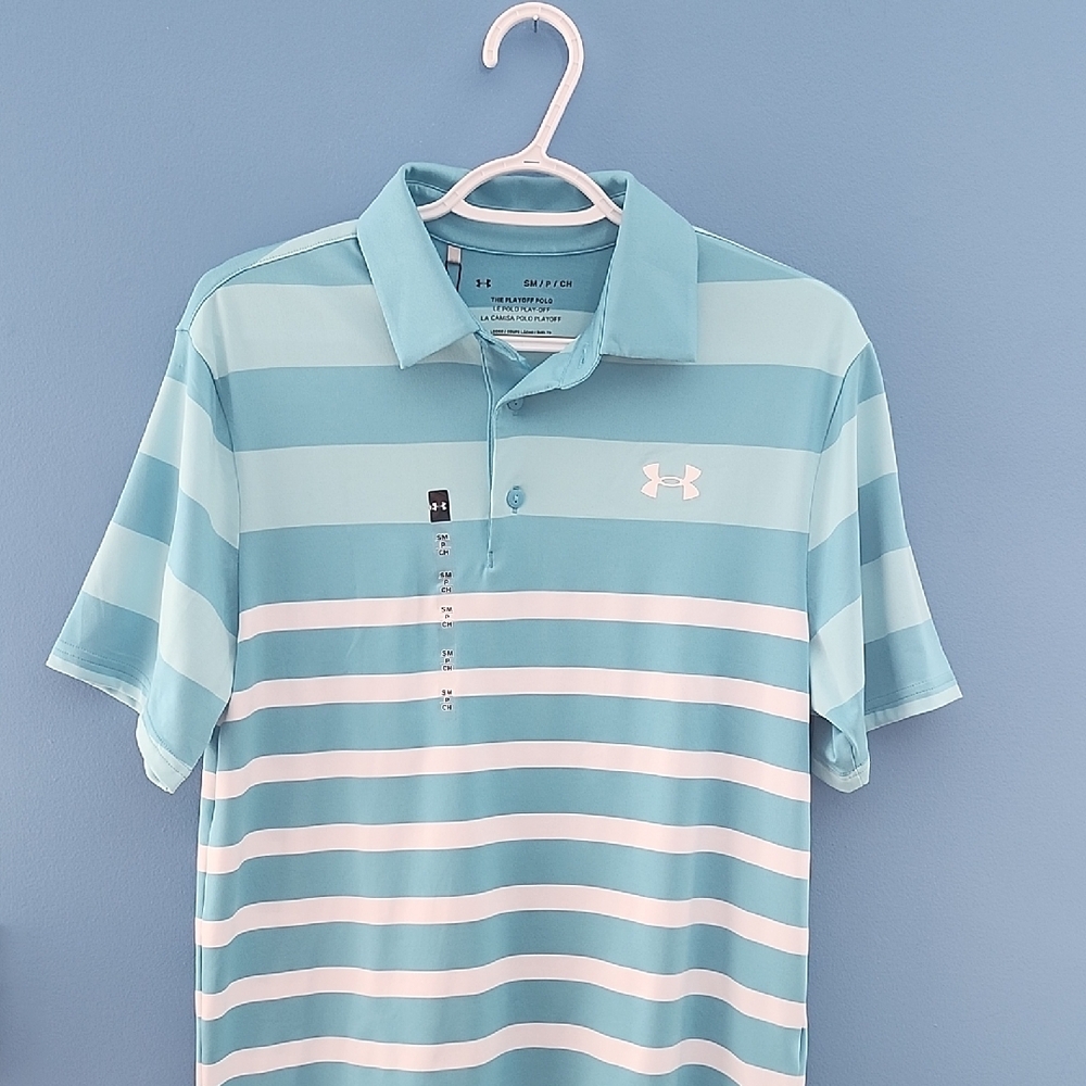 Under Armour Men's Blue Striped "Playoff Polo" Shirt - Picture 1 of 4